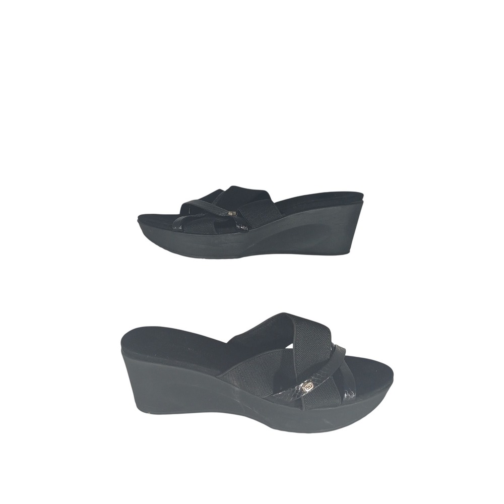 Bandolino Wedge Slide Sandals 9M Black Crisscross Faux Snakeskin B-Flexible